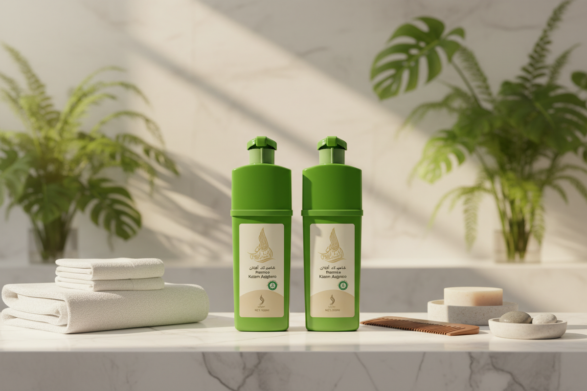 Katam Afghan Hair Dye Shampoo — Premium bathroom lifestyle scene