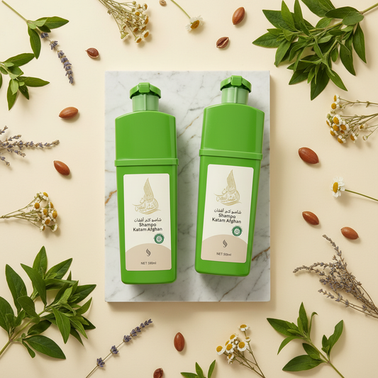 Katam Afghan Hair Dye Shampoo — Natural botanical ingredients flat lay