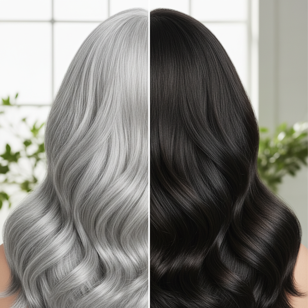 Before & After — Gray hair to natural dark color